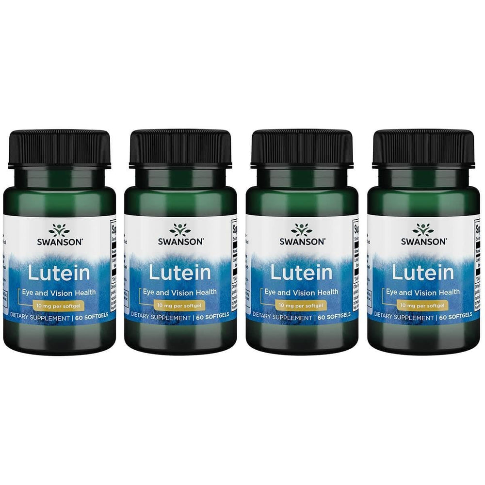 Swanson Lutein 10 mg bottle with 60 softgels, 4-pack, supports eye health and macula.