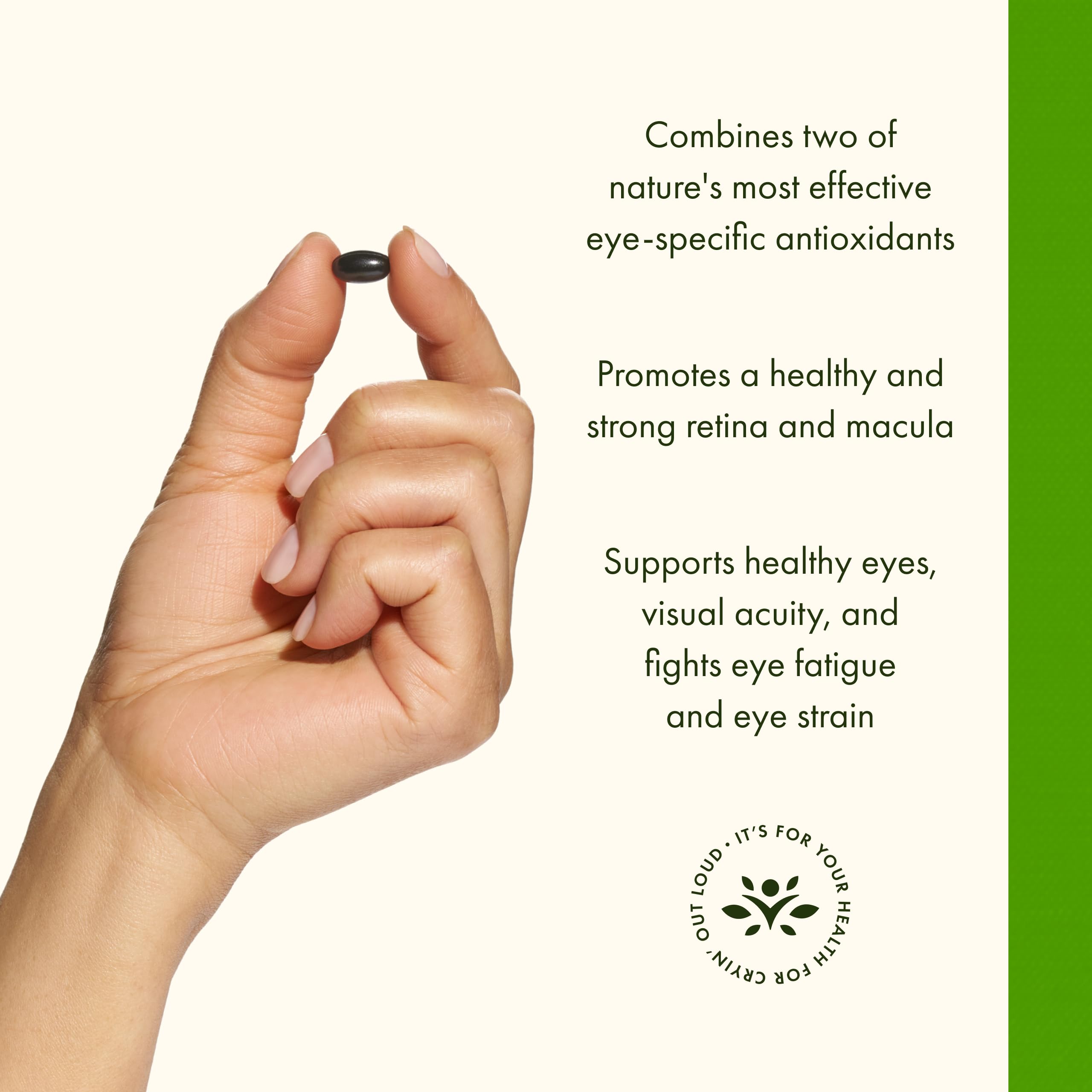 Swanson Lutein Bilberry ingredients panel highlighting purity and third-party testing.