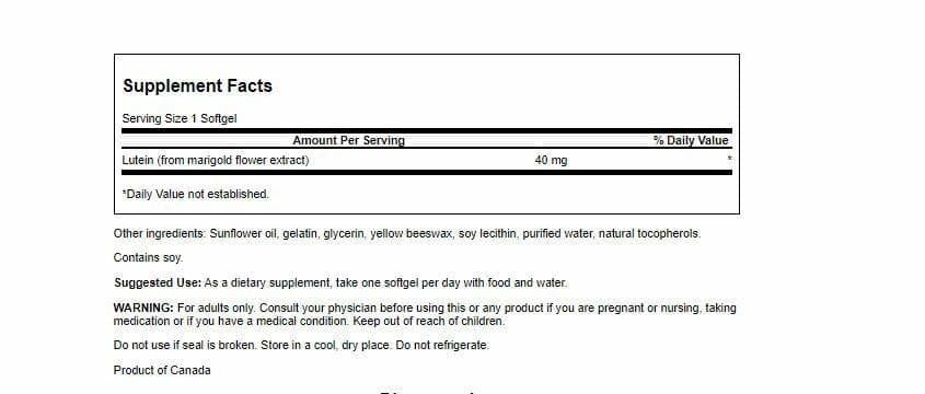 Swanson Lutein label close-up highlights 40 mg per softgel and marigold extract.