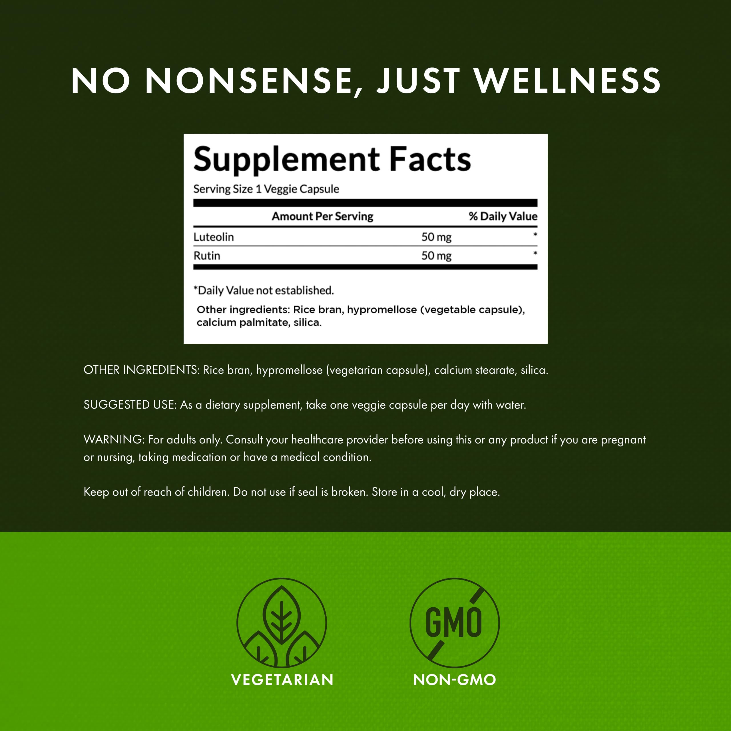 Swanson Luteolin Complex ingredients panel featuring luteolin and rutin