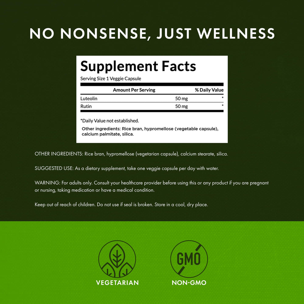 Swanson Luteolin Complex ingredients panel featuring luteolin and rutin