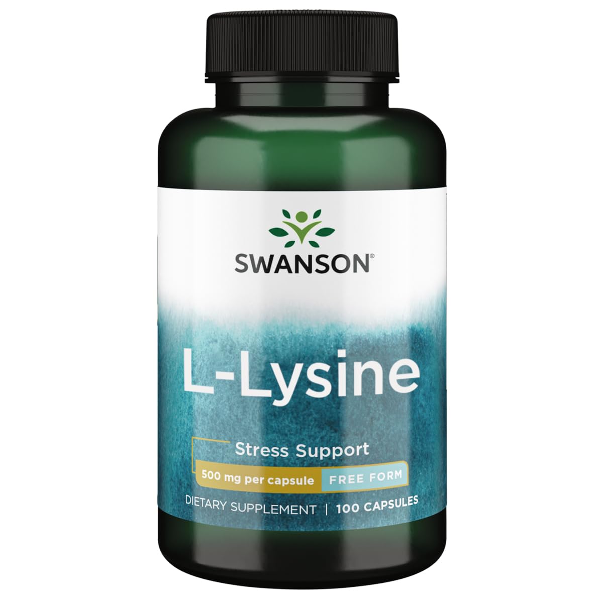 Swanson L-Lysine 500 mg bottle front, supports daily stress response.