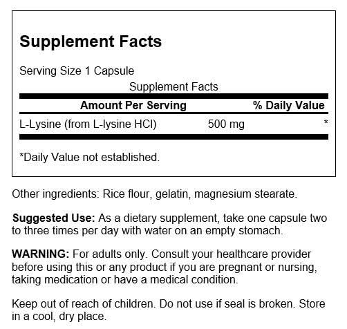 Swanson L-Lysine capsules closeup highlights plant-based, full-spectrum formulation.