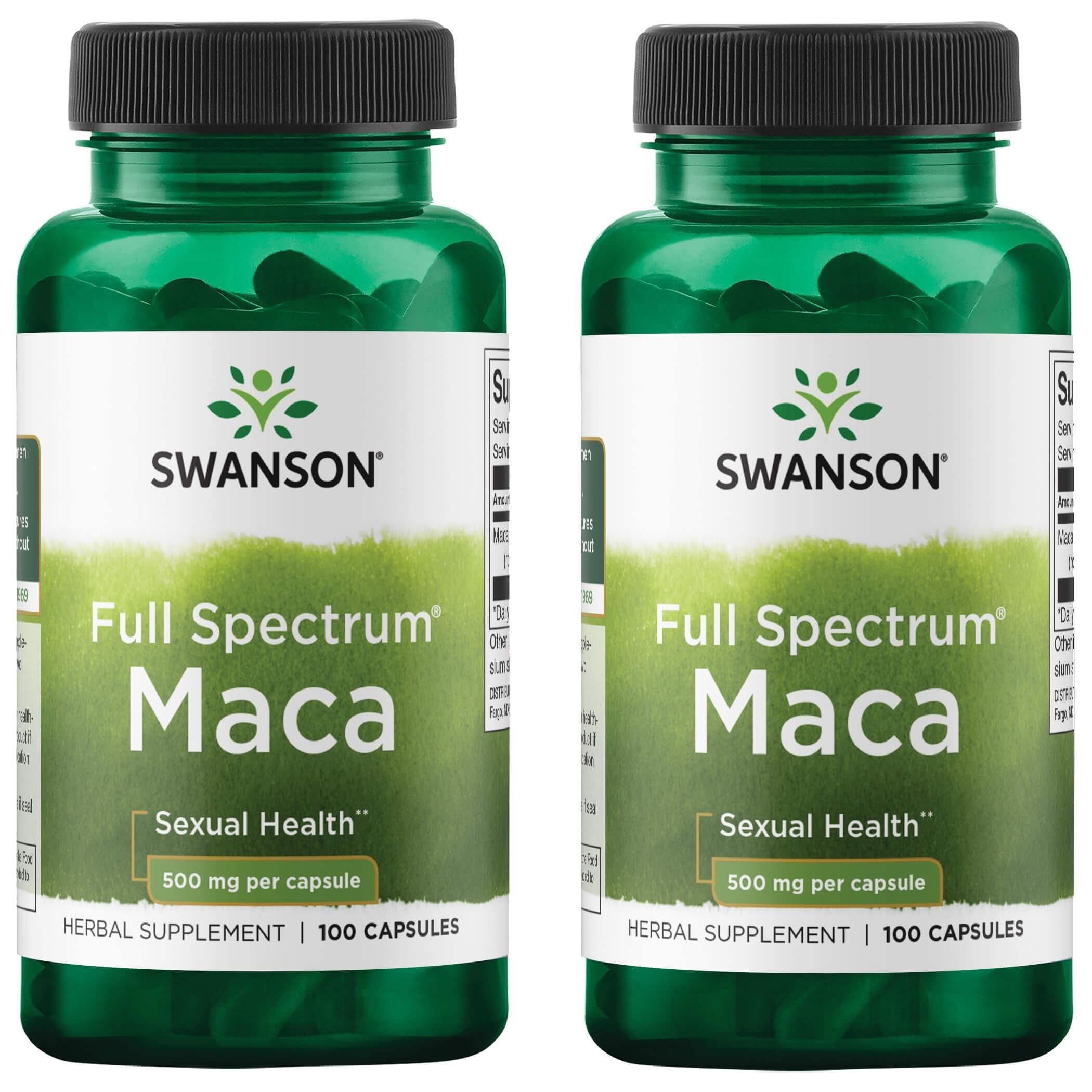 Swanson Maca 500mg 100 capsules product shot highlighting vitality support and balanced energy.