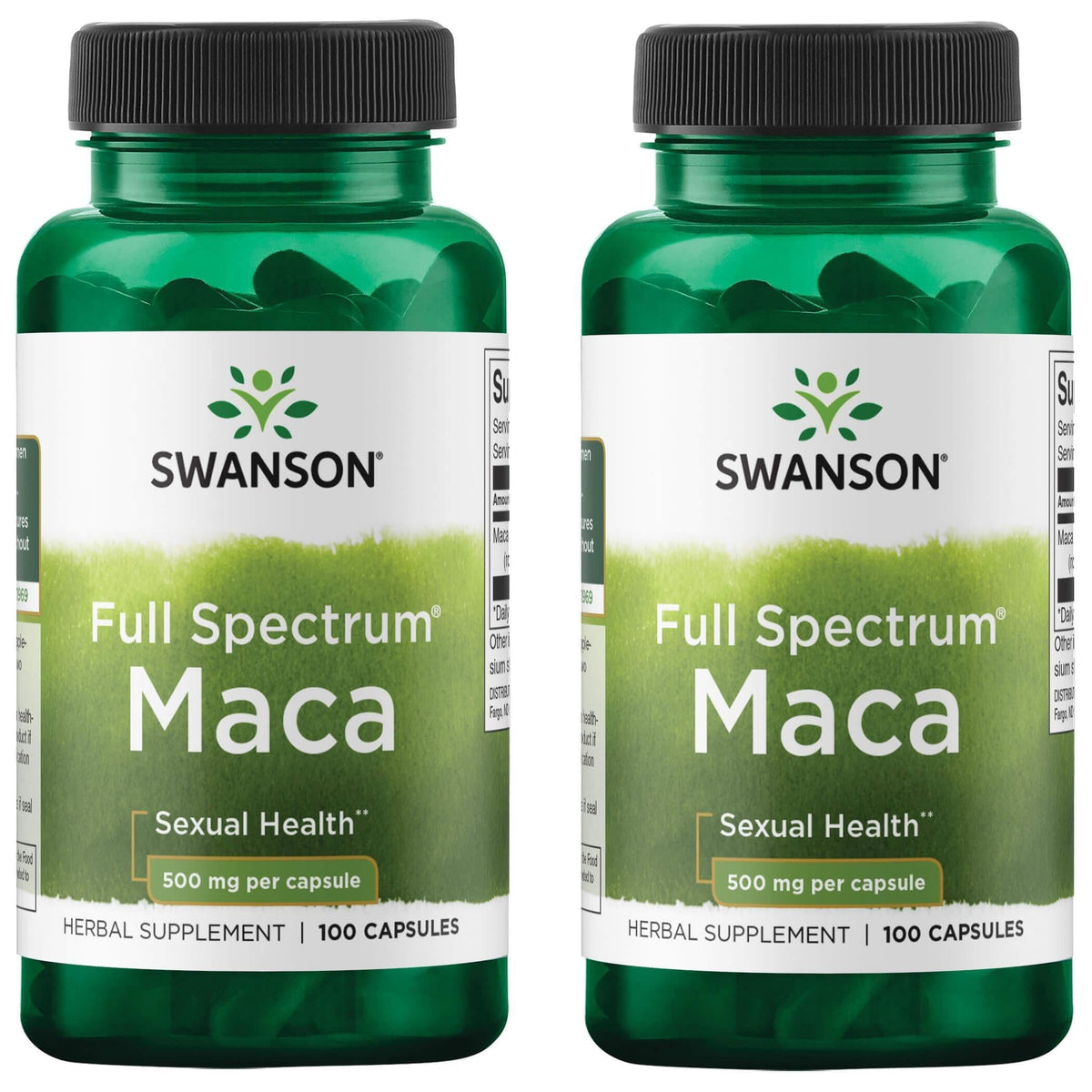 Swanson Maca 500mg 100 capsules product shot highlighting vitality support and balanced energy.