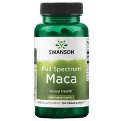 Swanson Maca 500mg capsules in bottle suggesting vitality support and daily stamina