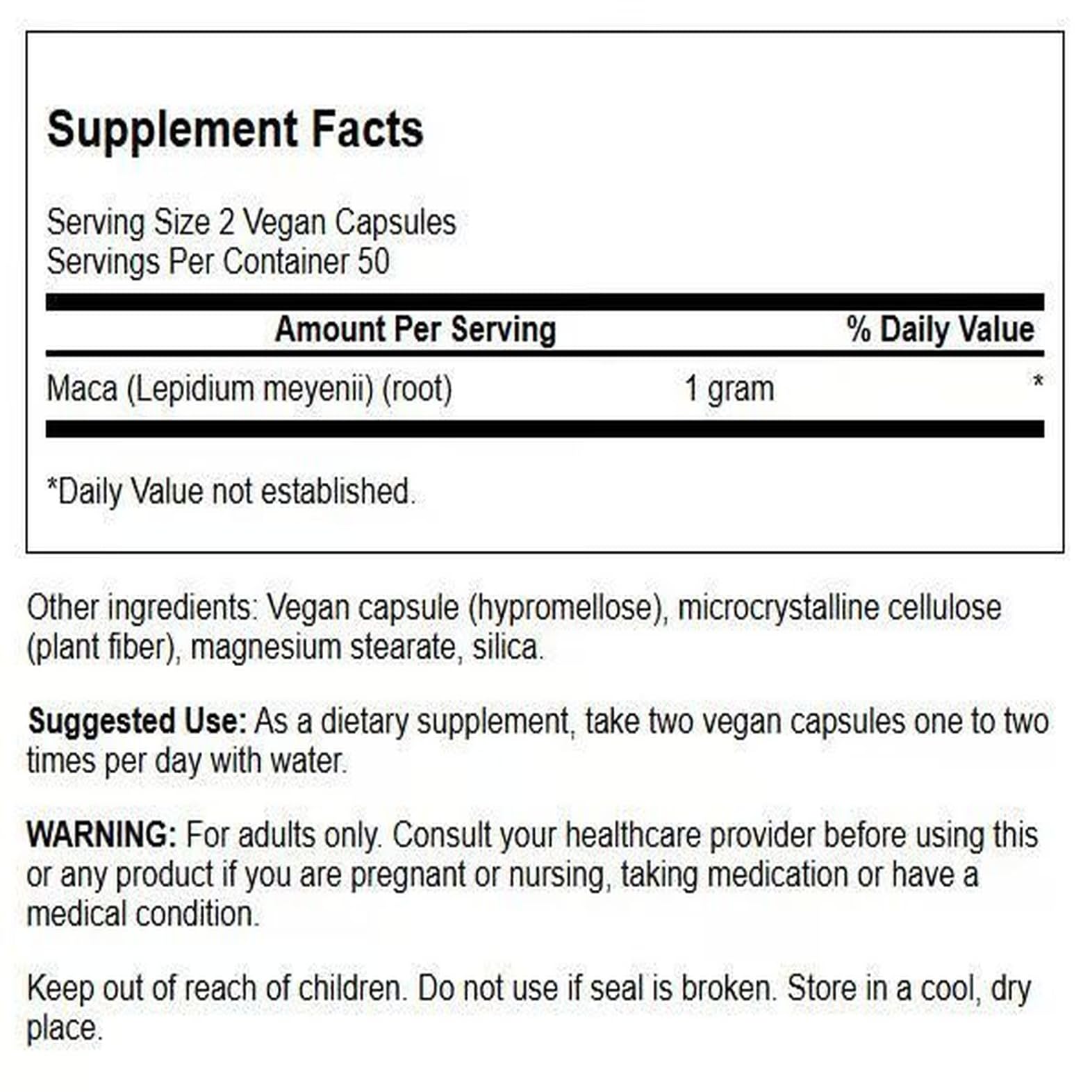Swanson Maca 500mg label highlighting plant-based formula and purity testing