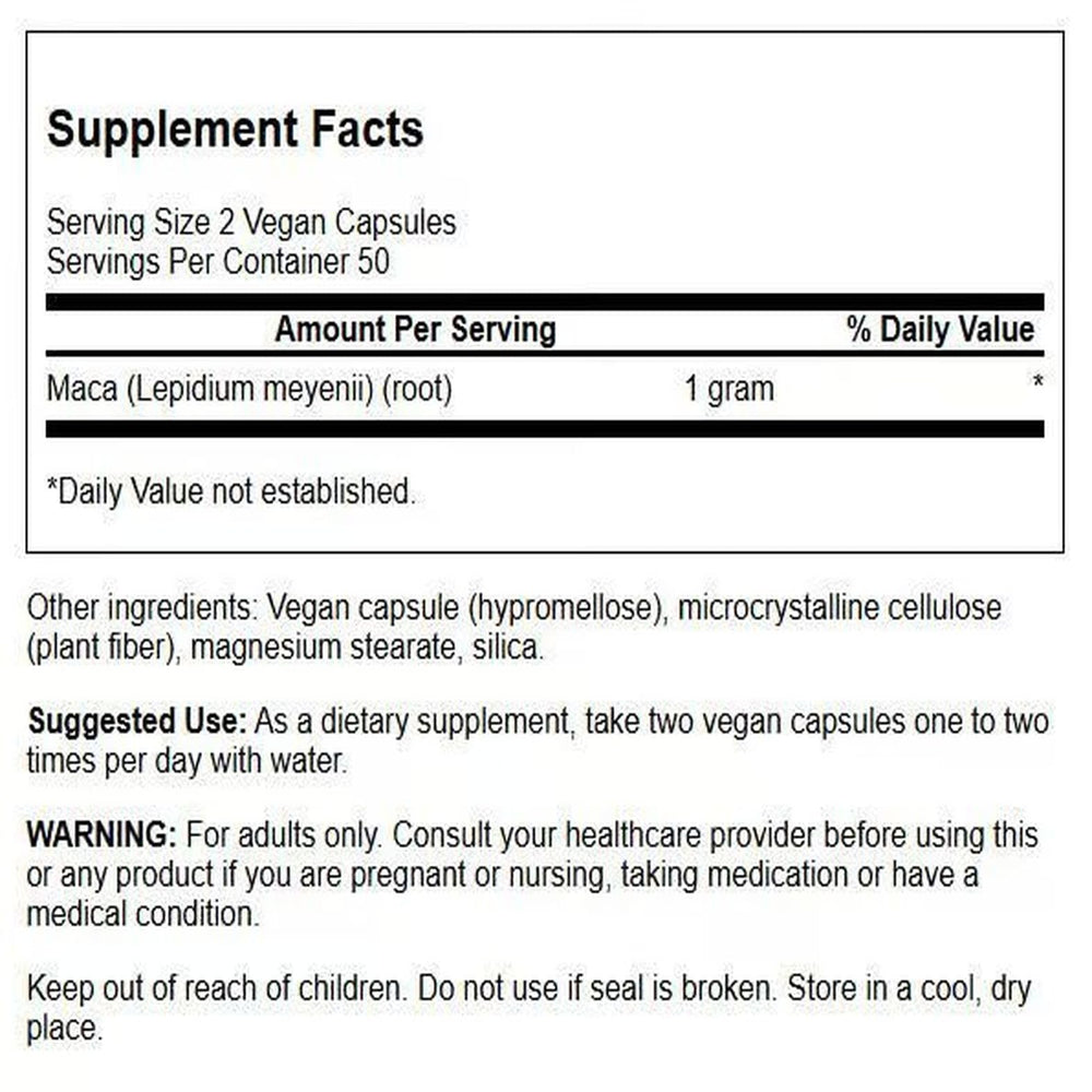 Swanson Maca 500mg label highlighting plant-based formula and purity testing