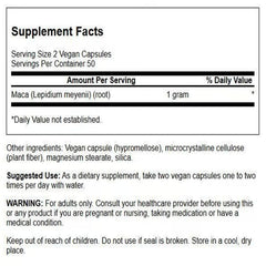 Swanson Maca 500mg label highlighting plant-based formula and purity testing
