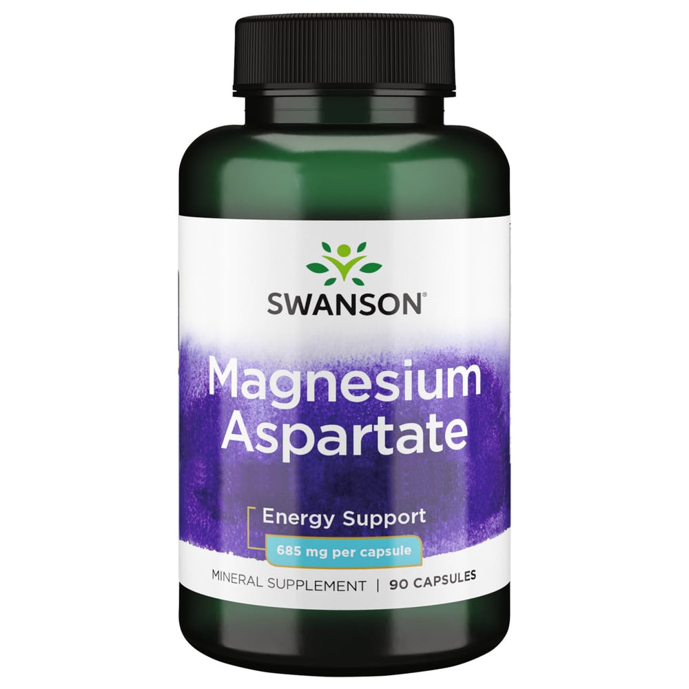 Swanson Magnesium Aspartate 685 mg bottle with capsules supporting cellular energy and muscle function.