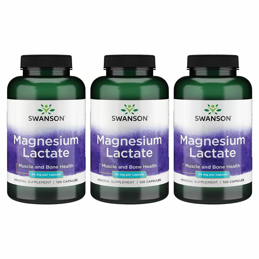 Swanson Magnesium Lactate bottle front showing 3-pack convenience for daily mineral support
