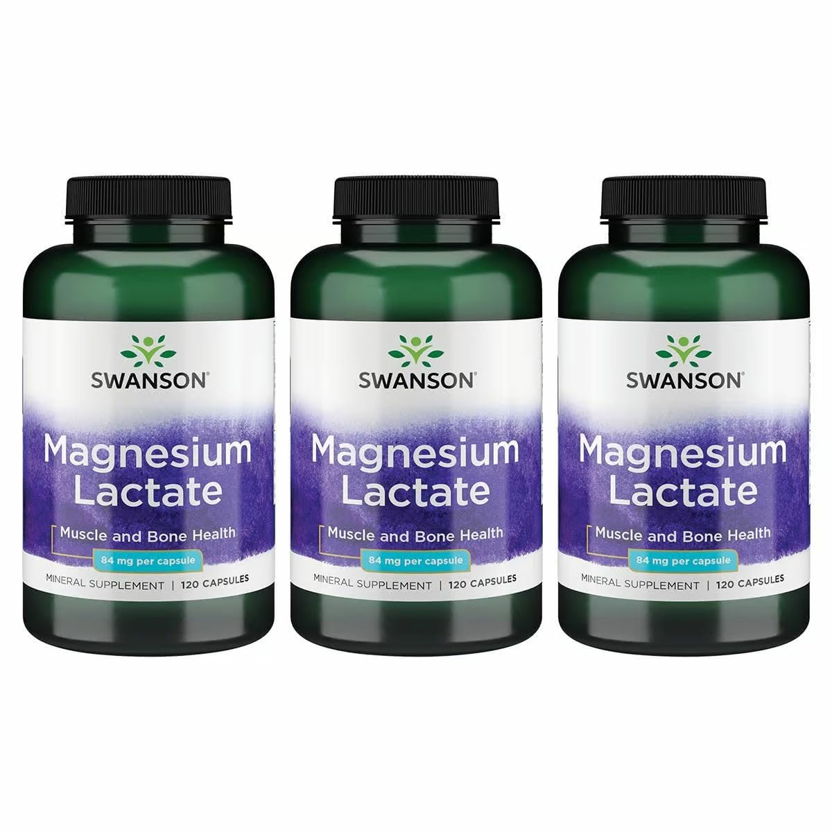 Swanson Magnesium Lactate bottle front showing 3-pack convenience for daily mineral support