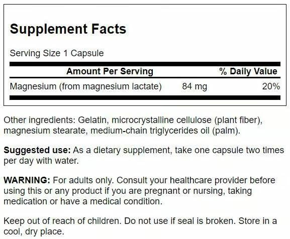 Swanson Magnesium Lactate bottle label shows lactose-free mineral form for sensitive stomachs