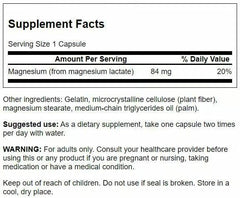 Swanson Magnesium Lactate bottle label shows lactose-free mineral form for sensitive stomachs