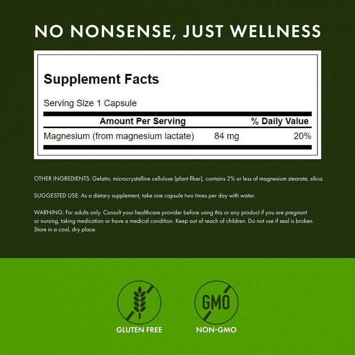 Swanson Magnesium Lactate label on bottle highlights lactose-free mineral form