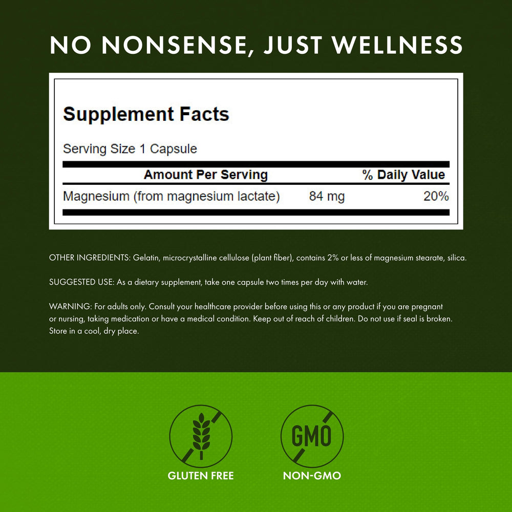 Swanson Magnesium Lactate label on bottle highlights lactose-free mineral form