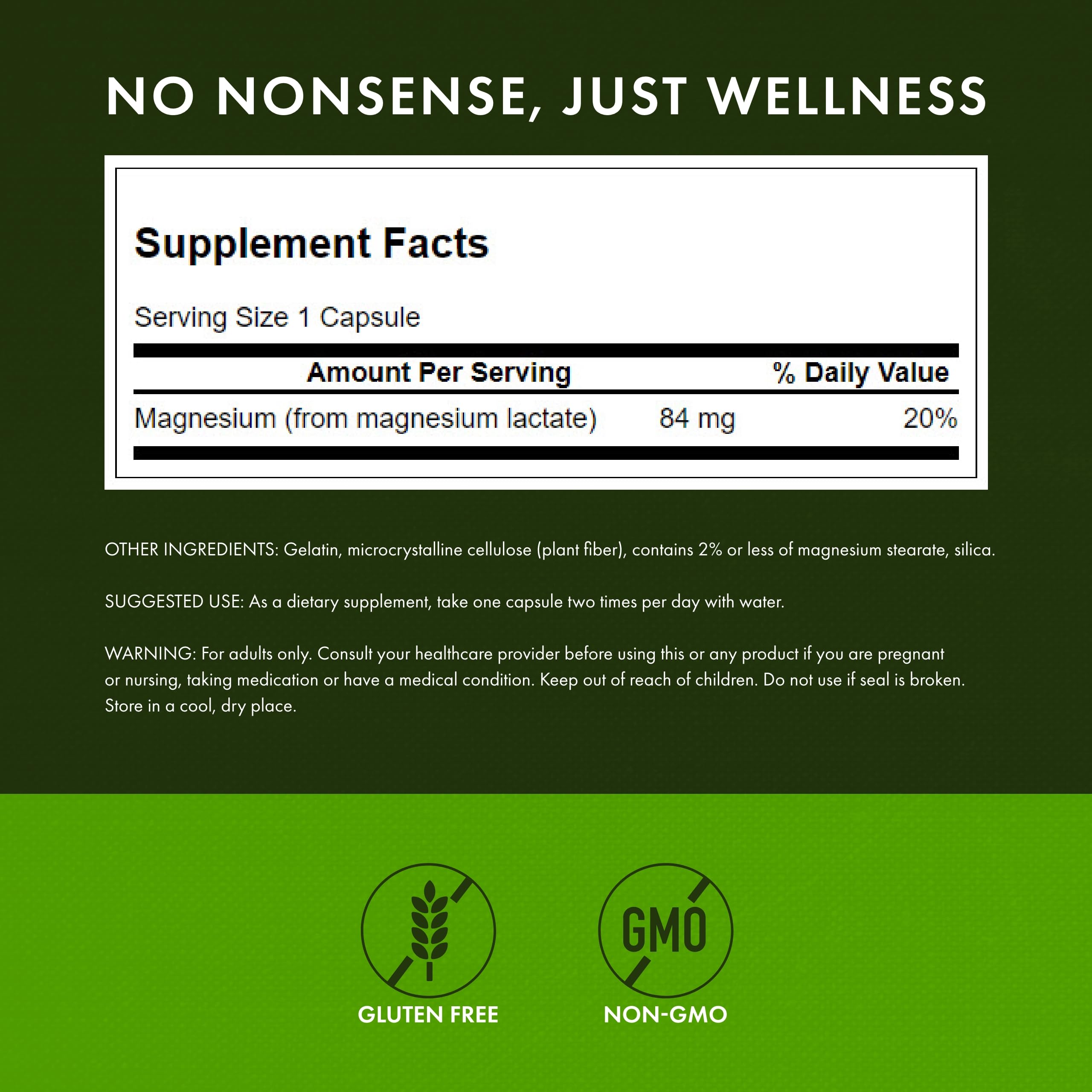 Swanson Magnesium Lactate packaging display highlighting non-GMO and gluten-free qualities
