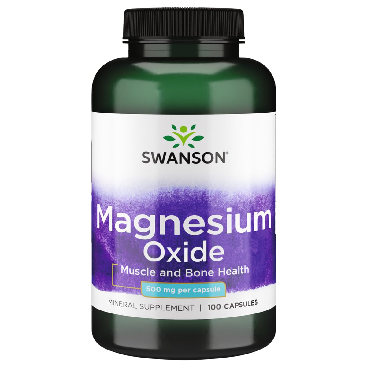 Swanson Magnesium Oxide 500 mg bottle with label, supports energy production and muscle function.