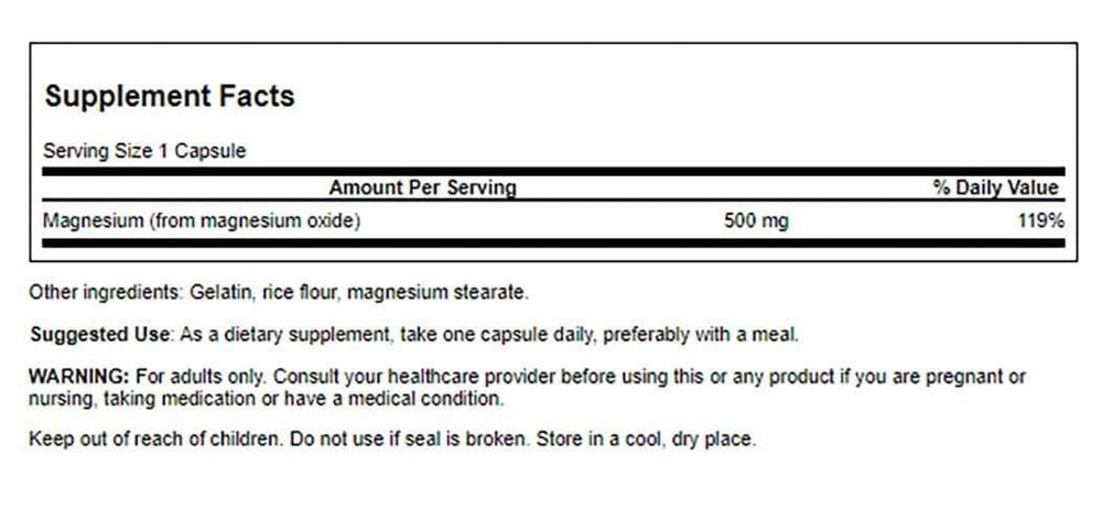 Swanson Magnesium Oxide 500 mg capsules on shelf, aids bowel regularity and digestive comfort.