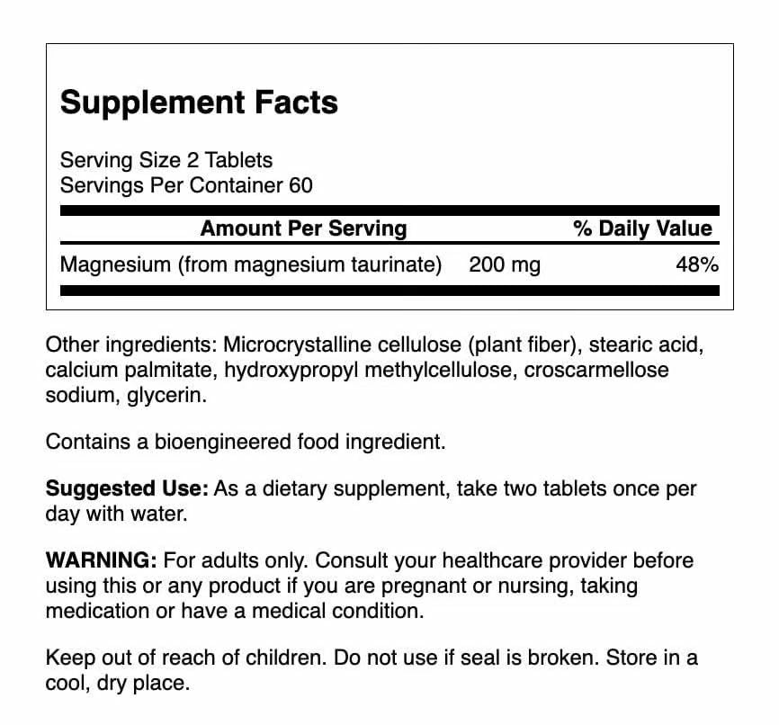 Close-up of Swanson Magnesium Taurate capsules highlighting dosage