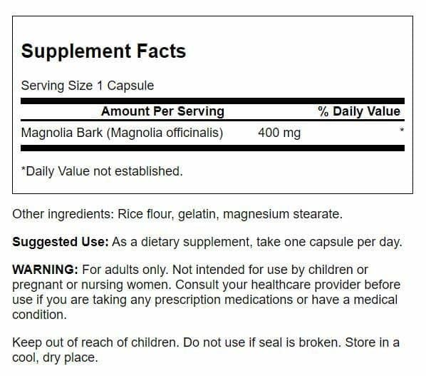 Swanson Magnolia Bark bottle label close-up shows natural wellness formula
