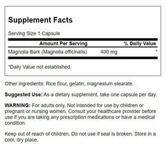 Swanson Magnolia Bark bottle label close-up shows natural wellness formula