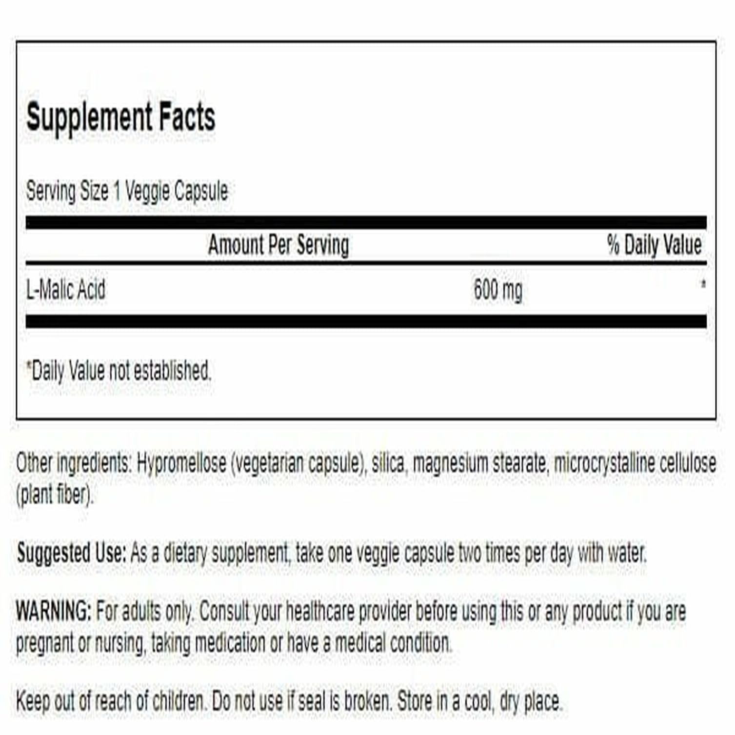 Swanson Malic Acid capsules close-up showcasing veggie capsules for wellness