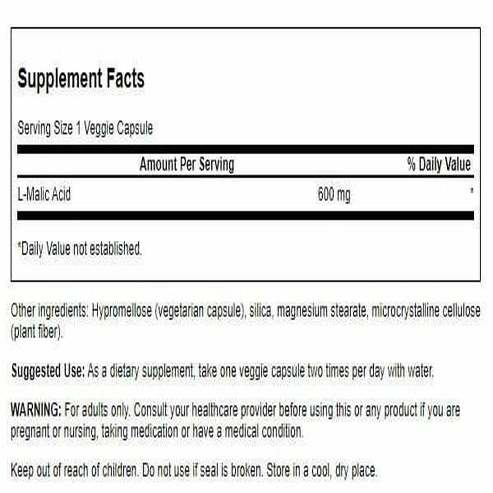 Swanson Malic Acid capsules close-up showcasing veggie capsules for wellness