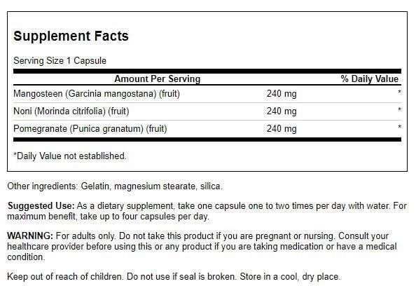 Swanson Mangosteen/Pomegranate/Noni Complex capsules show the full-spectrum fruit formula.