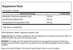 Swanson Mangosteen/Pomegranate/Noni Complex capsules show the full-spectrum fruit formula.