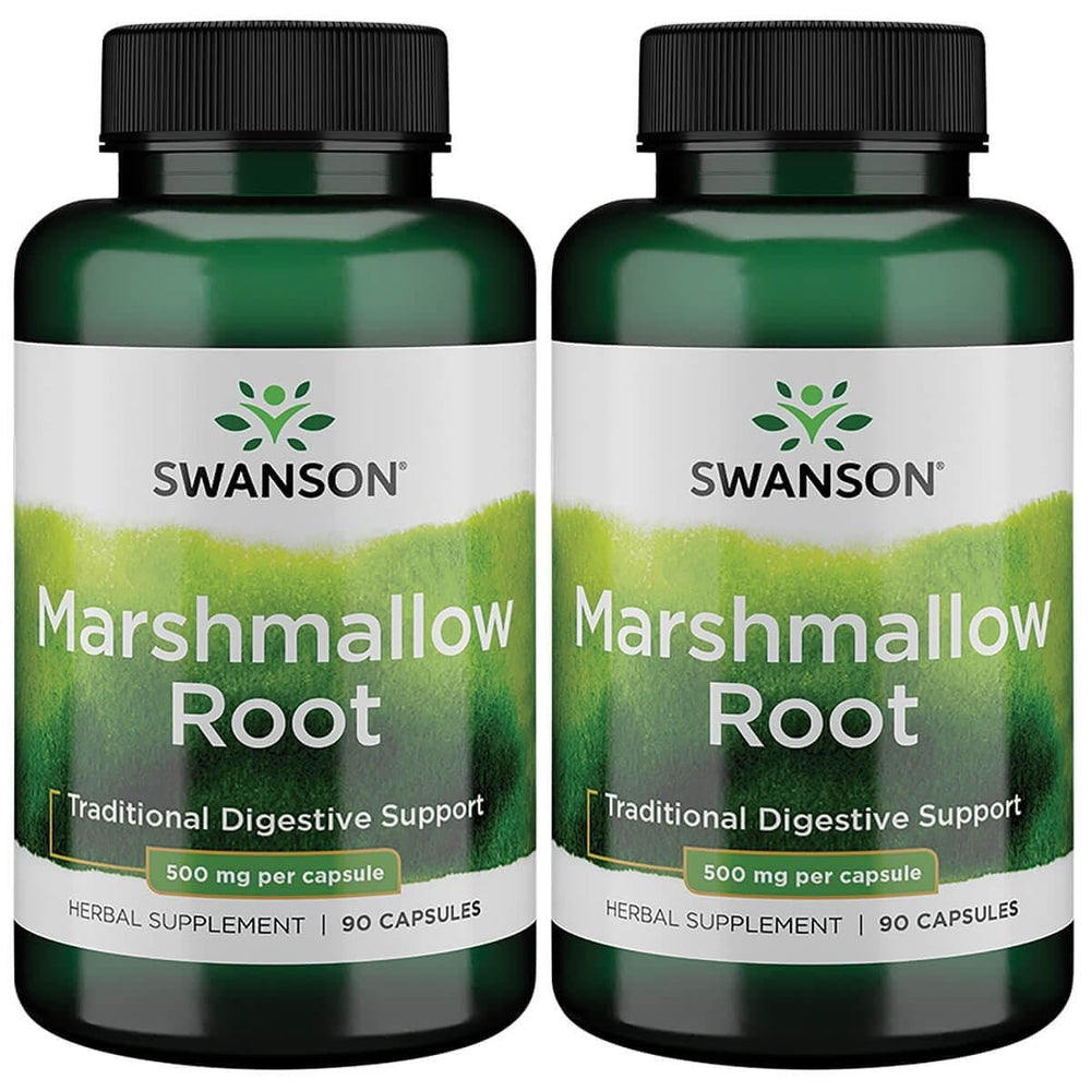 Swanson Marshmallow Root bottle label highlighting 500 mg capsules for respiratory comfort and digestive support.