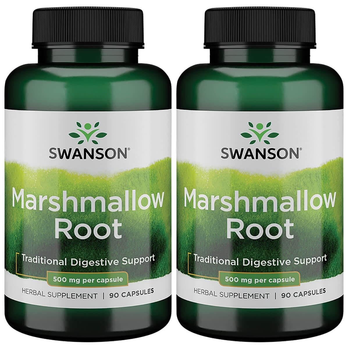 Swanson Marshmallow Root bottle label highlighting 500 mg capsules for respiratory comfort and digestive support.