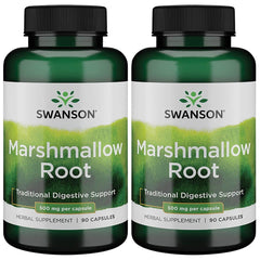 Swanson Marshmallow Root bottle label highlighting 500 mg capsules for respiratory comfort and digestive support.