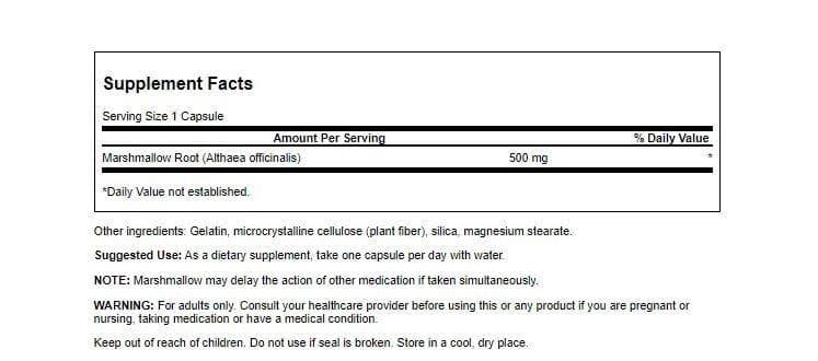 Swanson Marshmallow Root capsules pour demonstrates easy dosing for daily throat and gut wellness.