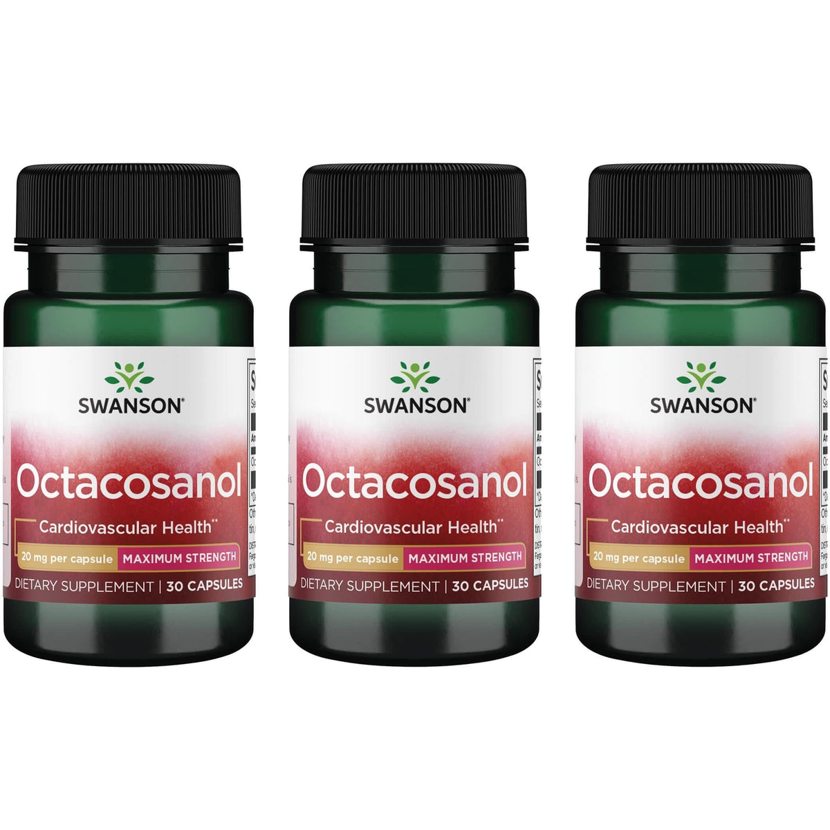 Swanson Maximum-Strength Octacosanol 20 mg capsules in a 3-pack for potential cardiovascular wellness support.