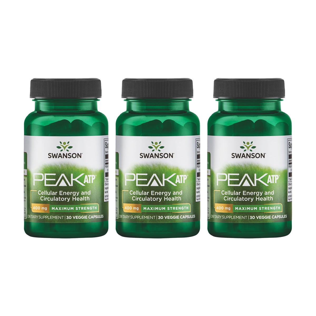 Swanson Maximum Strength Peak ATP bottle with capsules for energy support.