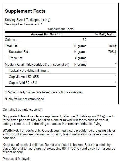 Swanson MCT Oil label view highlighting vegetarian and Non-GMO ingredients