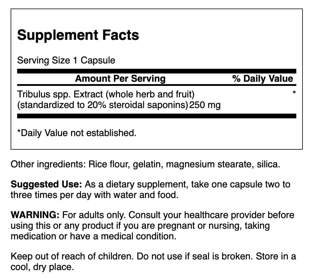 Swanson Mega Tribulus 250mg capsules close-up highlighting potency and quality