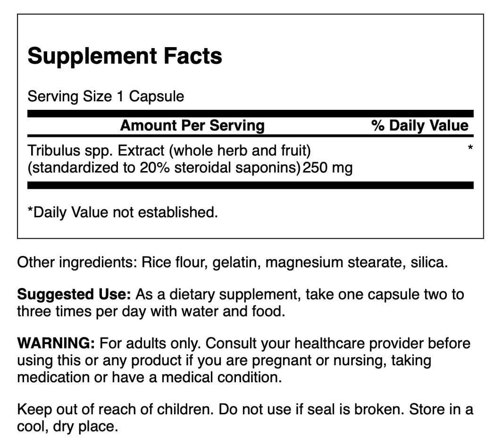 Swanson Mega Tribulus 250mg capsules close-up highlighting potency and quality