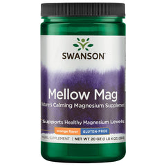 Swanson Mellow Magnesium powder orange bottle promotes muscle relaxation and overall wellness.