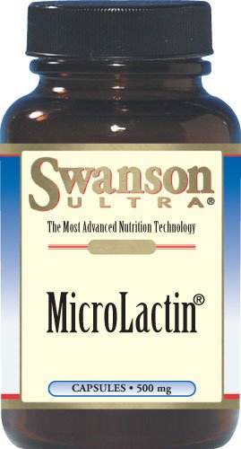 Swanson Microlactin capsules closeup on label, non-GMO and GMP-conscious quality