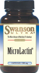 Swanson Microlactin capsules closeup on label, non-GMO and GMP-conscious quality