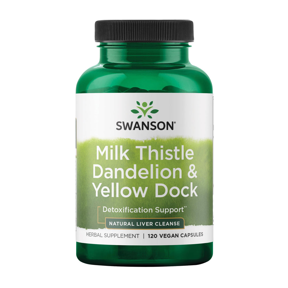 Swanson Milk Thistle Dandelion Yellow Dock bottle showing herbal capsules for everyday liver support.