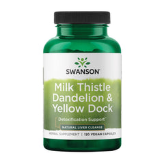 Swanson Milk Thistle Dandelion Yellow Dock bottle showing herbal capsules for everyday liver support.