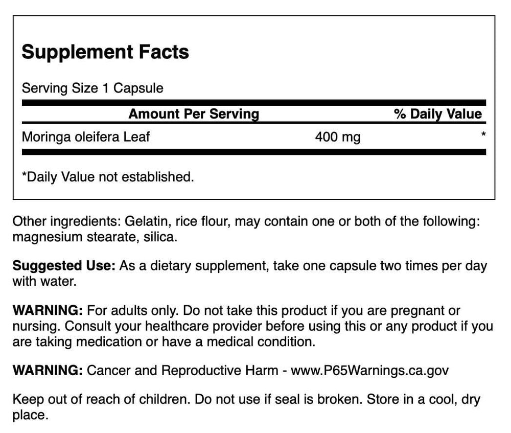 Close-up of Swanson Moringa Oleifera capsules highlighting plant-based antioxidant support.