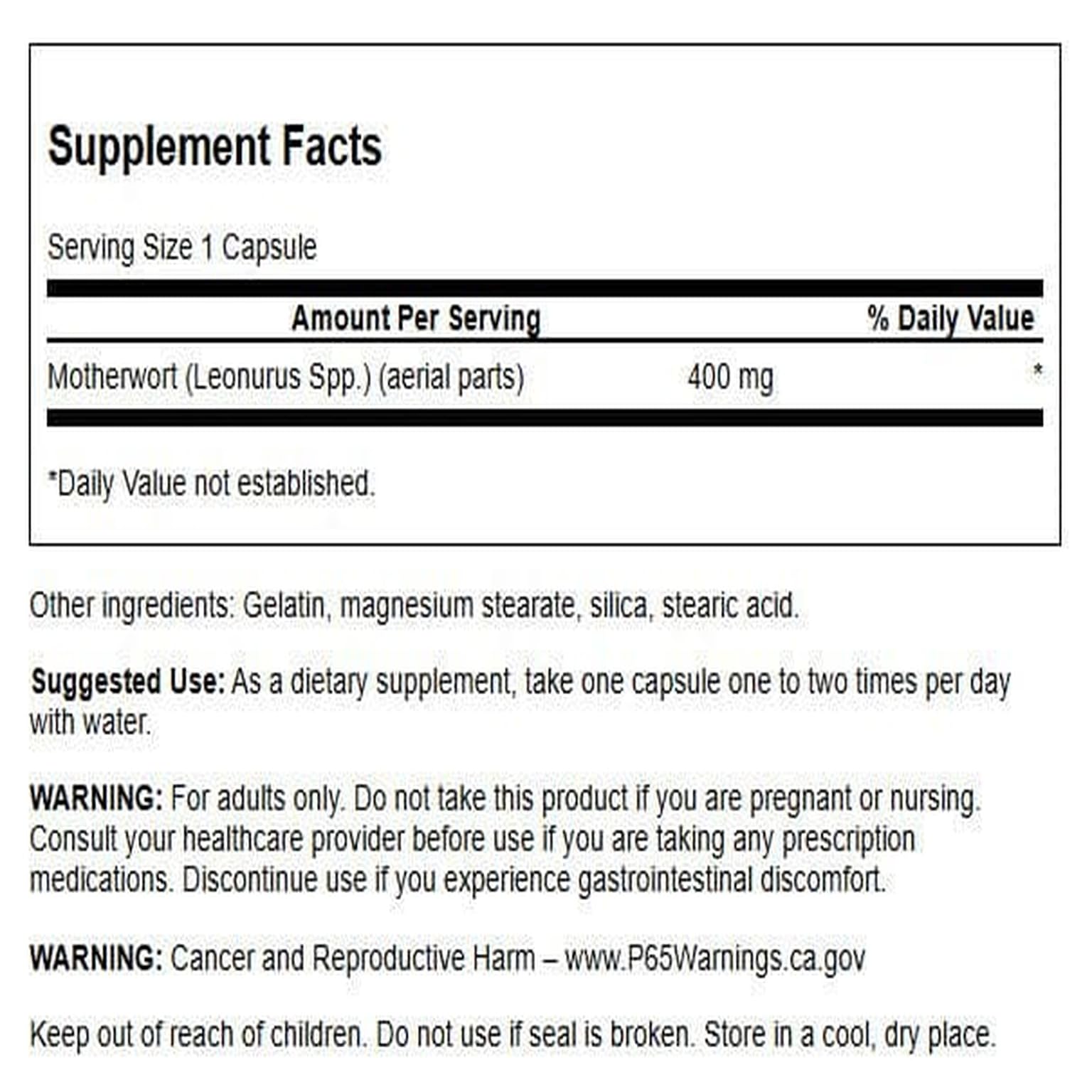 Swanson Motherwort capsules close-up for convenient daily support