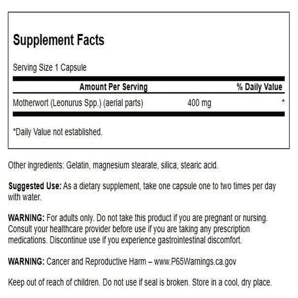 Swanson Motherwort capsules close-up for convenient daily support