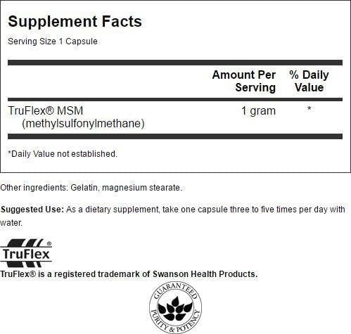 Swanson MSM 1000 mg capsules close-up — easy swallowing, high potency.