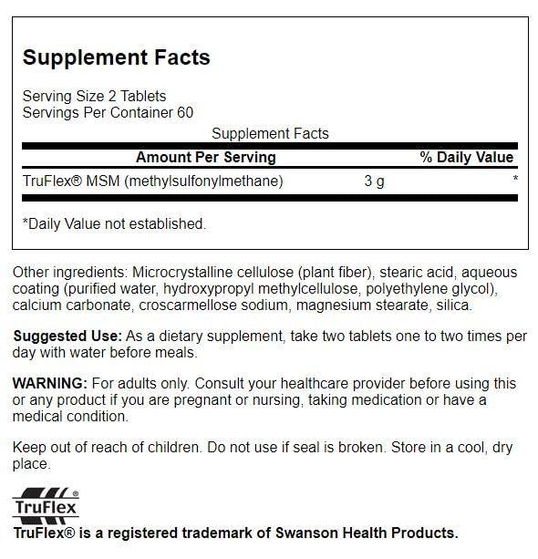 Swanson MSM 1500 mg tablets close-up for connective tissue support