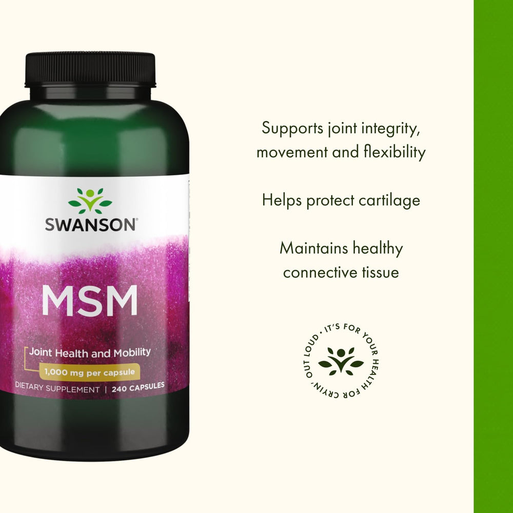 Swanson MSM label close-up detailing product name and quality testing.